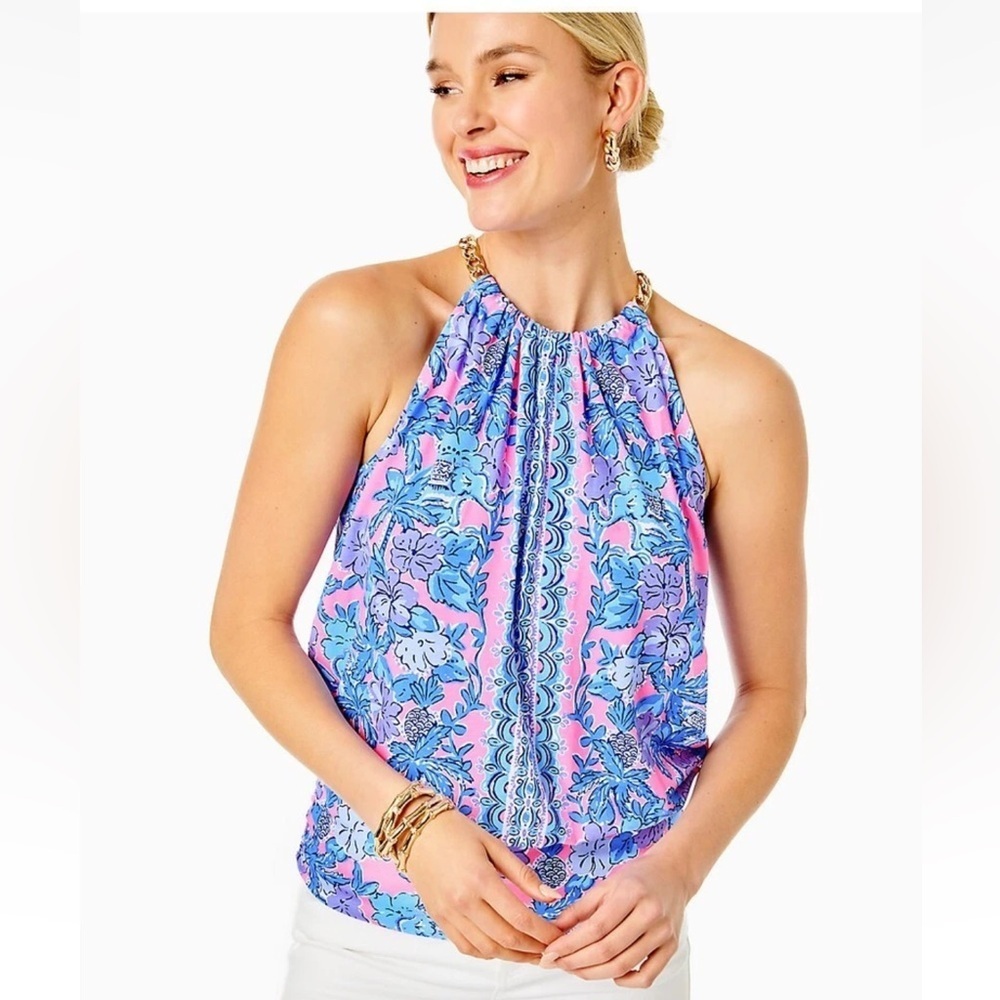 NWT ✨Lilly Pulitzer Bowen Halter Top Pink Palm Paradise Engineered Gold Chain Sm